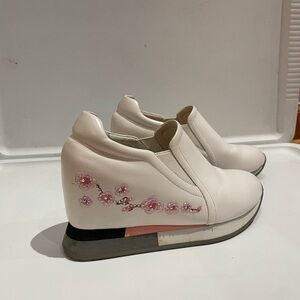 White and pink platform wedges with cherry blossoms
